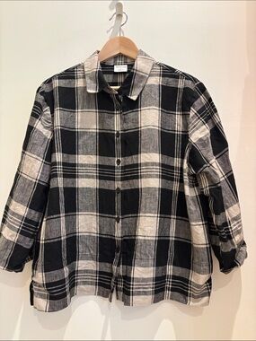 Westbound Button Down Blouse 100% Linen Plaid Size Large